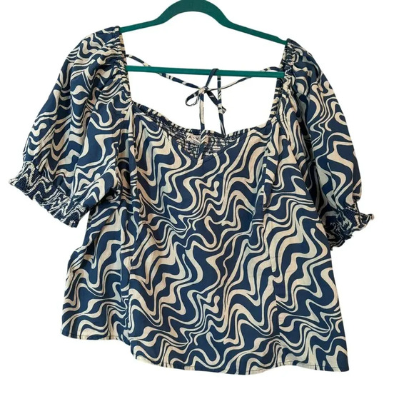 Ava & Viv Womens Cropped Blouse Top 2X Blue Cotton Short Sleeves V-Neck Smocked - Picture 1 of 8